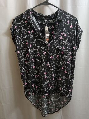 Iky & Me Black Short Sleeve Button Front Top with Pink & White Scribble Print